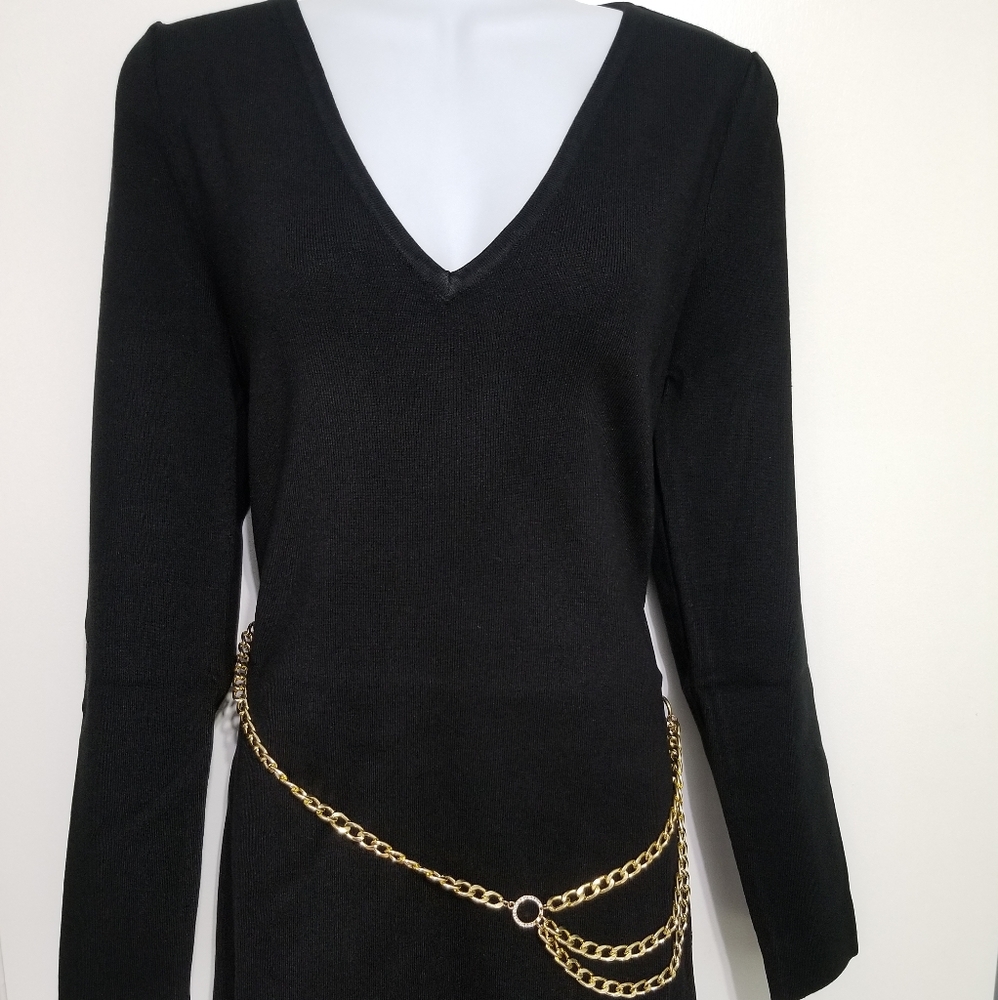 Chain-Belt Sweater Tunic Dress